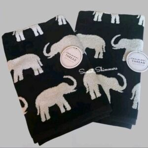 2pc COMMON THREAD Elephant 100% Zero Twist Cotton Hand Towel Set Black White NEW